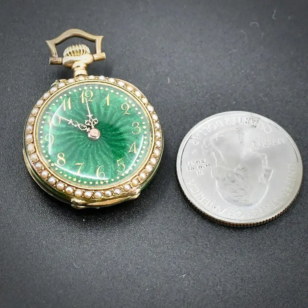 Antique 14K Gold Swiss Enamel Pendant Pocket Watch Pearl Fleur-de-Lis Pin Repair